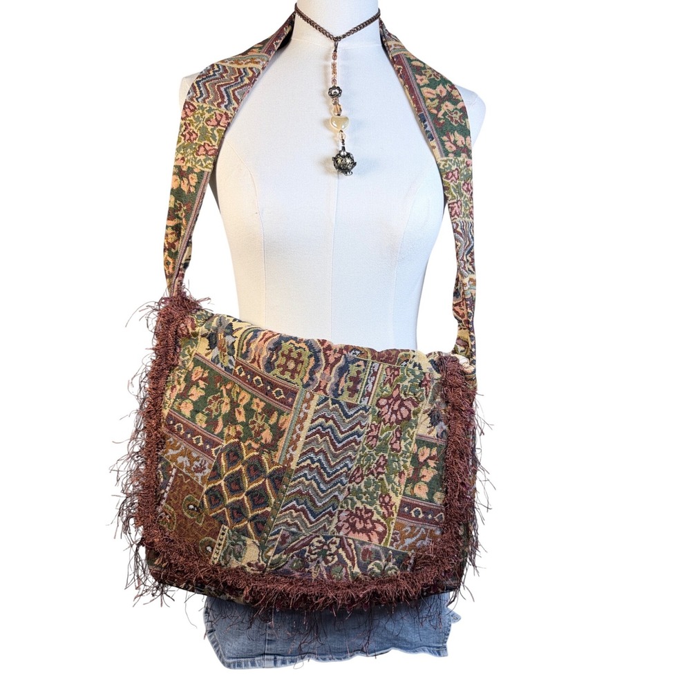 handmade Boho Tapestry Patchwork Messenger Bag Beaded Fringe Crossbody Floral